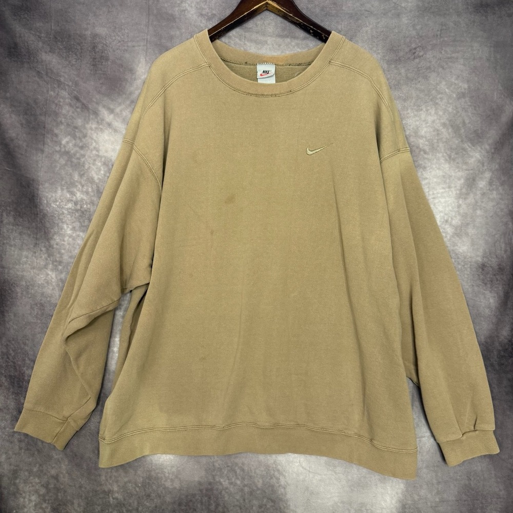 VINTAGE Nike Sweater Mens M Brown Swoosh Sweatshirt Crew Pull Over USA Made Fade
